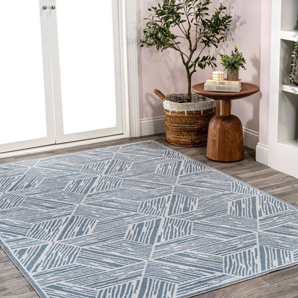 Blue and Cream Geometric Machine-Washable 4' x 6' Area Rug