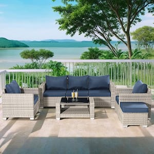 7-Piece Wicker Outdoor Patio Conversation Furniture Seating Set with Dark Blue Cushions