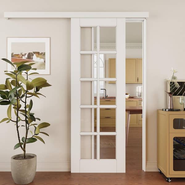 ARK DESIGN 28 in. x 80 in. Hidden Track Style 10 Lite Clear Glass White Primed MDF Sliding Barn Door with Hardware Kit