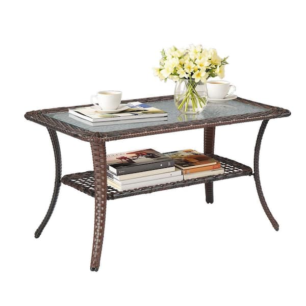 Unbranded Outdoor Coffee Table with Storage Wicker Patio Coffee Table, Tempered Glass Top for Patio Outside Balcony Porch Deck