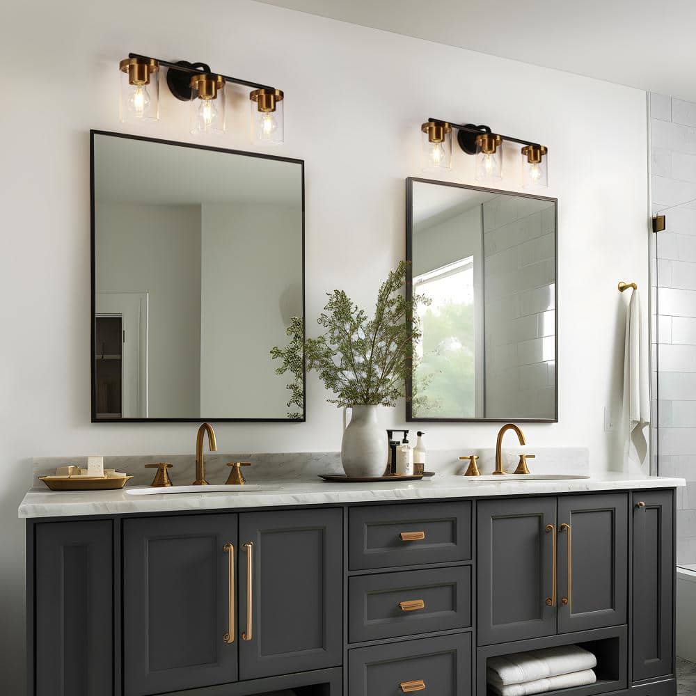 23.6" Black and Brass Metal Vanity Light with Clear Glass Cylinder Shades