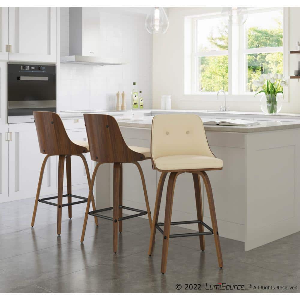 Mid-Century Modern Cream Faux Leather Swivel Counter Stool