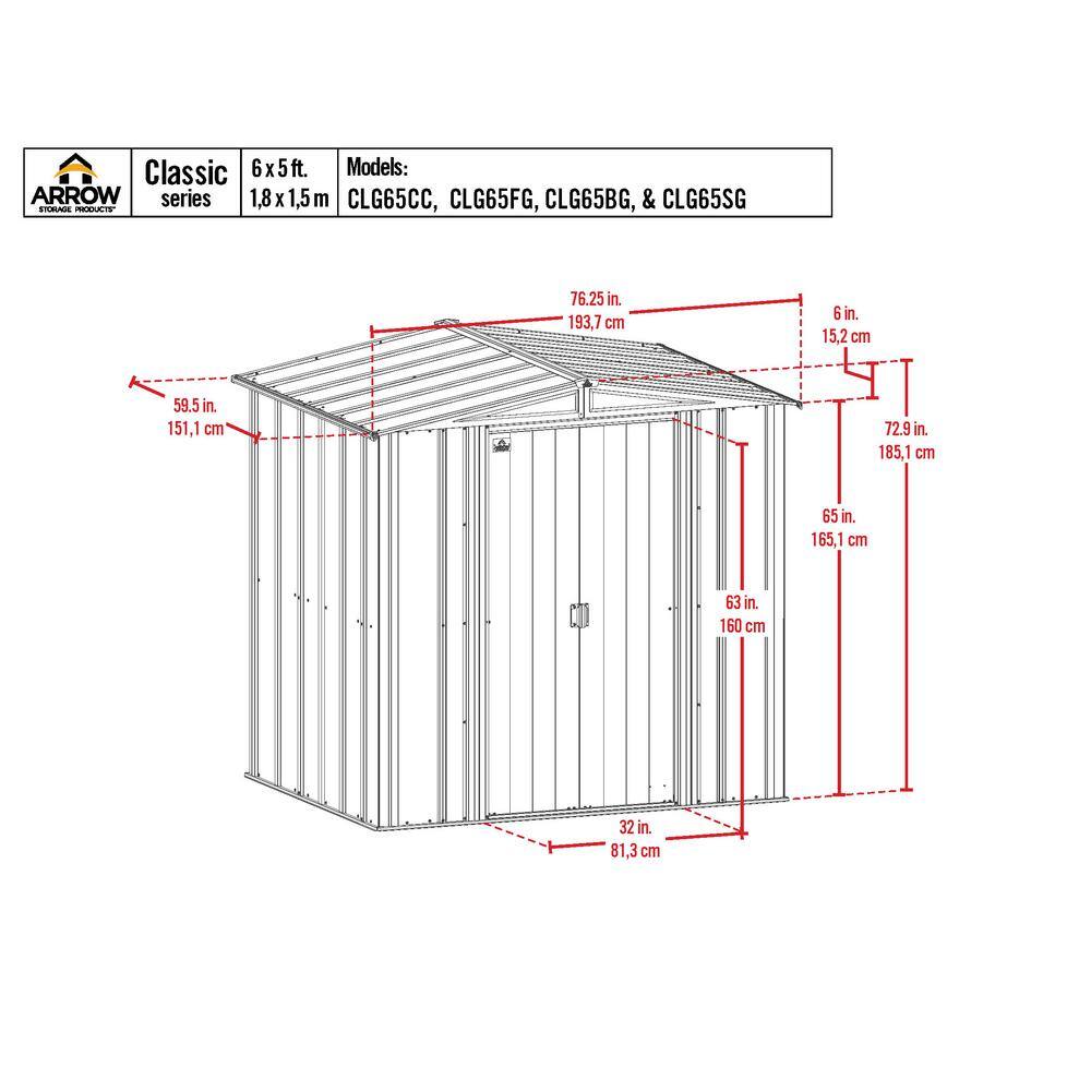 Arrow Classic 6x5 Flute Grey Steel Storage Shed with Sliding Doors