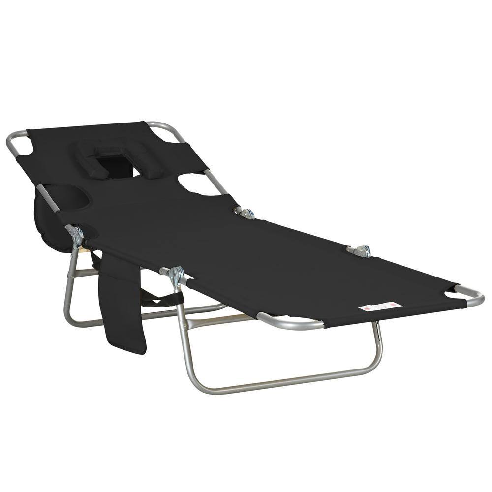 Black Folding Beach Lounge Chair with Face Hole and Arm Slots, 5-level Adju