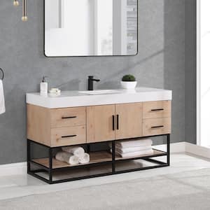 Bianco 60S in. W x 22 in. D x 34 in. H Single Sink Bath Vanity in Light Brown with White Composite Stone Top