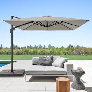 Gray Premium 10 ft. x 10 ft. Cantilever Patio Umbrella with a Base and 360° Rotation and Infinite Canopy Angle