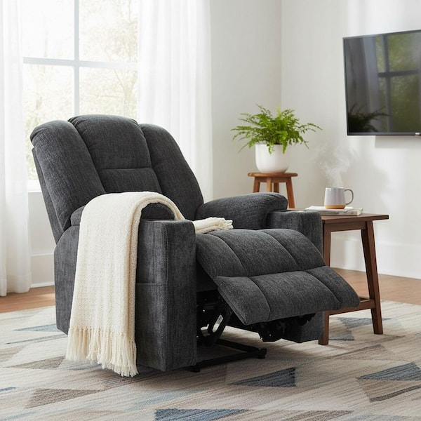 Clihome Grey Power Lift Recliner Chair with Remote Control Dual USB Ports Cup Holders Chenille Upholstery 350 lbs. Capacity