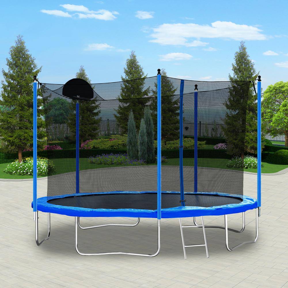 12FT Blue Trampoline with Safety Net and Basketball Hoop