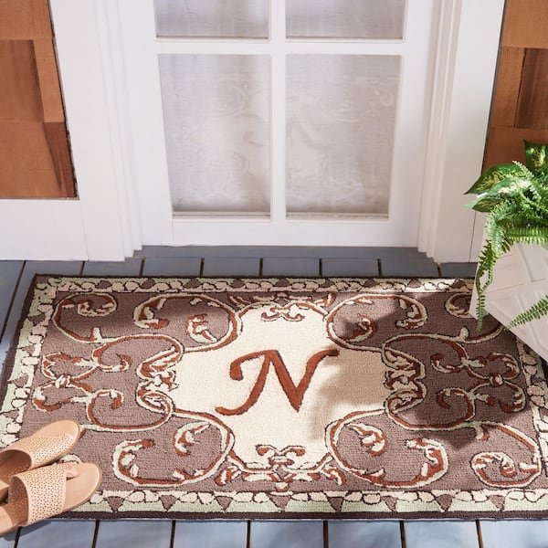 Monogram Mocha 3 ft. x 4 ft. "N" Ornate Floral Indoor/Outdoor Area Rug