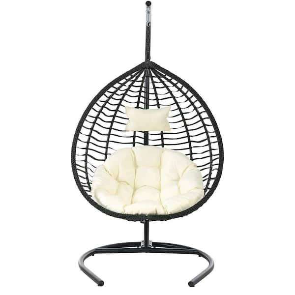 Outdoor Black Wicker Patio Swing with Beige Cushion for Porch Garden, Balcony