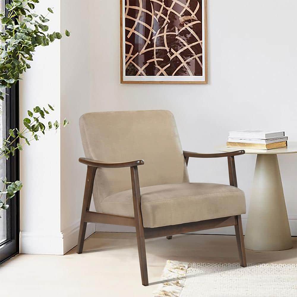 Light Brown Velvet and Wood Mid-Century Modern Accent Chair