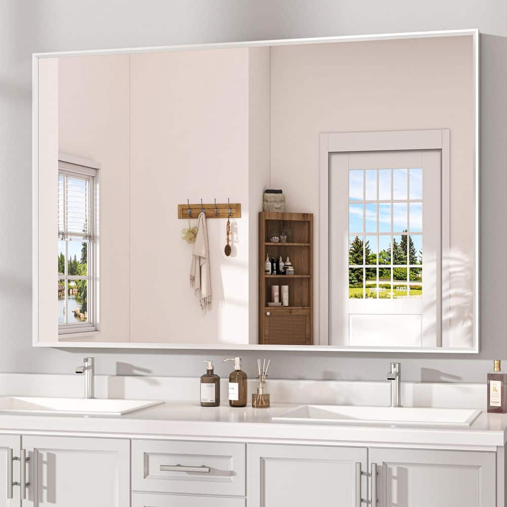 60 in. W x 36 in. H Rectangular Aluminum Alloy Framed and Tempered Glass Wall Bathroom Vanity Mirror in Matte White price history on PriceWatchPro