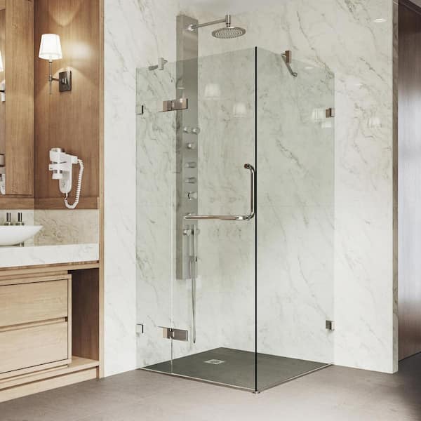 VIGO Monteray 30 in. L x 30 in. W x 73 in. H Frameless Pivot Square Shower Enclosure in Brushed Nickel with Clear Glass