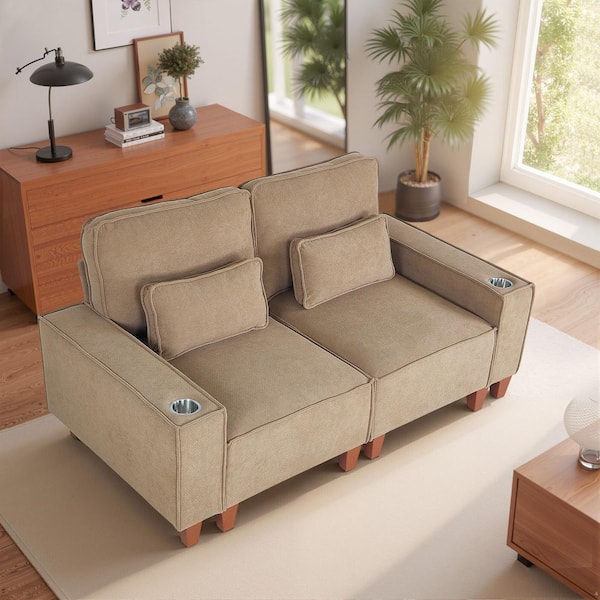 Chic 71 in. Square Armrest (2-Piece) Chenille Loveseat with 2-Cup Holder and Lumbar Pillow Sectional Sofa in Khaki