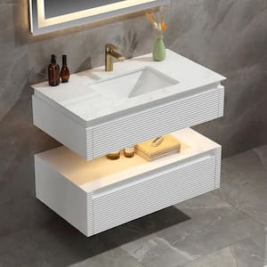 36 in. W x 20.7 in. D x 19.6 in. H Floating Single Sink Solid Oak Bath Vanity in White with White Marble Top and Lights
