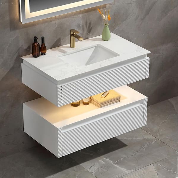 Lonni 36 in. W x 20.7 in. D x 19.6 in. H Floating Single Sink Solid Oak Bath Vanity in White with White Marble Top and Lights