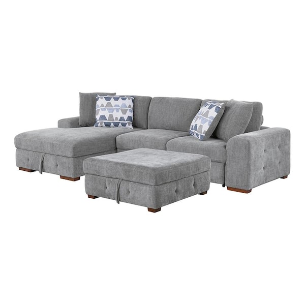 Lazzara Laconia 115 in. Straight Arm 3-Piece Chenille Sectional Sofa in Gray with Left Chaise and Storage Ottoman