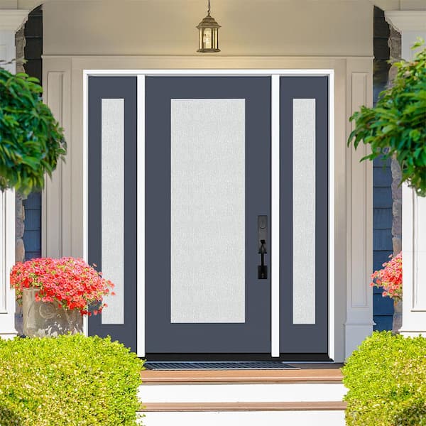 Legacy 64 in. x 80 in. Full Lite Rain Glass LHIS Primed Dark Denim Finish Fiberglass Prehung Front Door w/Dbl 12 in. SL
