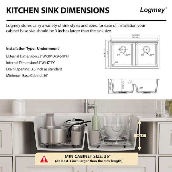 Logmey 33 in. White Undermount Workstation Sink Low Divide Double