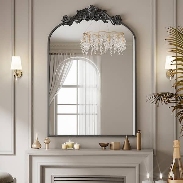 XRAMFY 24 in. W x 35.8 in. H Arched Black Metal Framed with Carved Decoration Vanity Mirror Wall Mirror