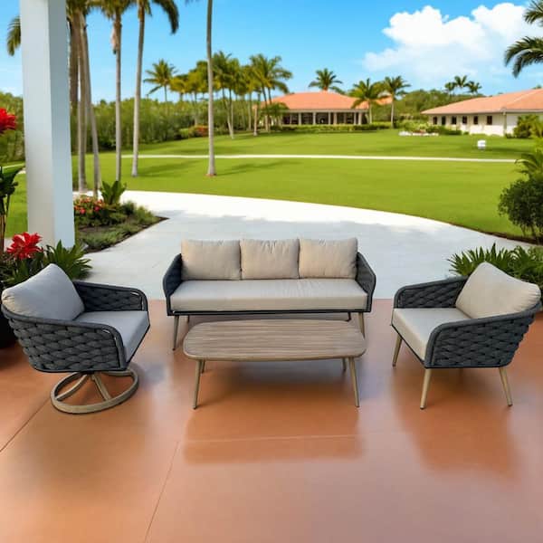 HiGreen Outdoor King 4-Piece Brown Aluminum Woven Rope Patio Conversation Seating Set with Cast Ash Acrylic Cushions