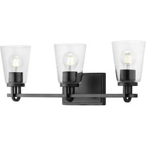 Huntscroft 24 in. 3-Light Matte Black Vanity Light with Clear Glass Shades