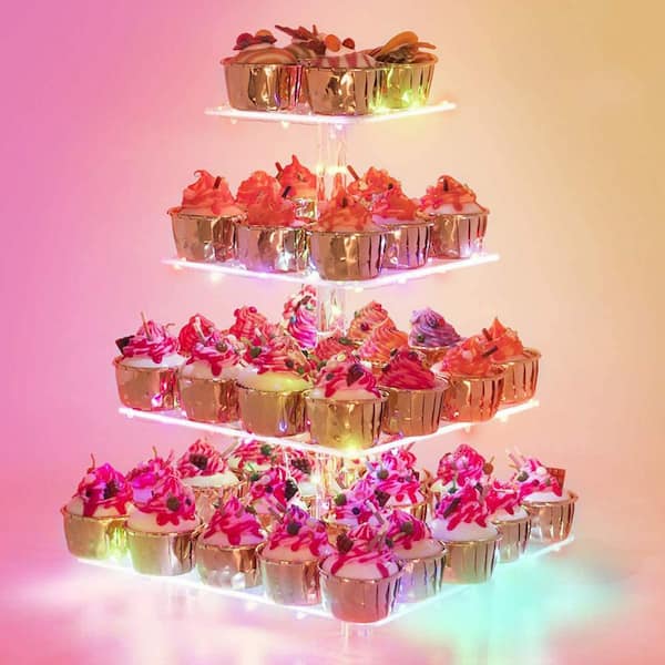 4-Tier Colorful Cake Stand, Acrylic Tower Display with LED Light, Dessert Tree Tower for Birthday, Weddings, Parties
