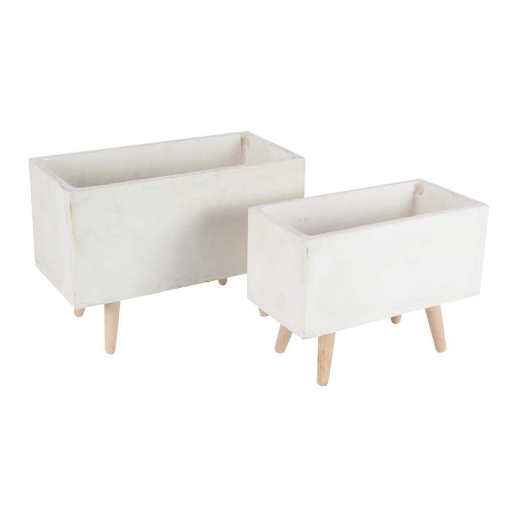 White Fiber Clay Rectangular Planters with Wood Legs, Set of 2