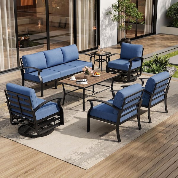 7-Piece Outdoor Aluminum Conversation Set with Swivel Rocking Chairs, Coffee Table and Side Table, Navy Cushions, Patio