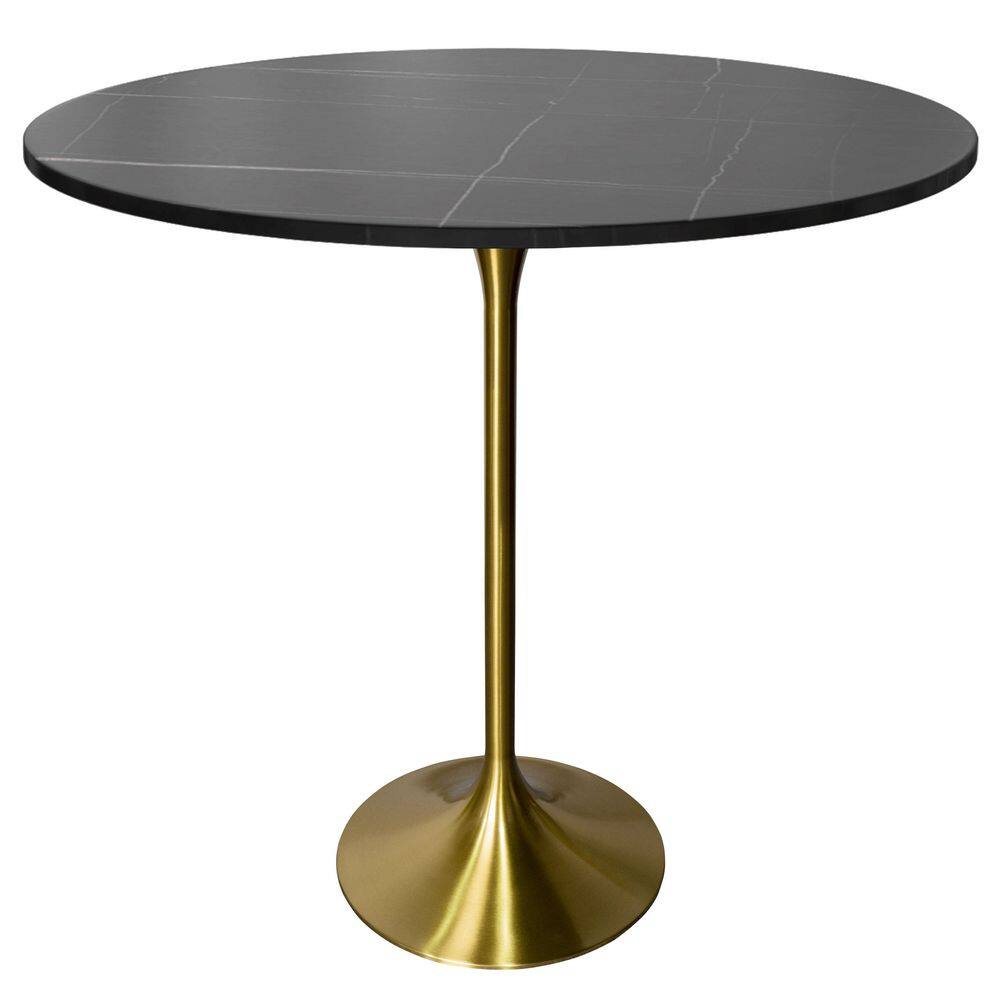 Verve 48 in. Bar Height Dining Table with Sintered Stone Top and Brushed Gold Steel Pedestal Base in Black Marbleized