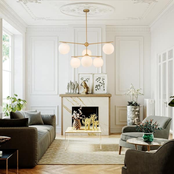 6-Light Brush Gold Mid Century Globe Chandelier Modern Hanging Light Fixture for Dining Room with White Glass Shade