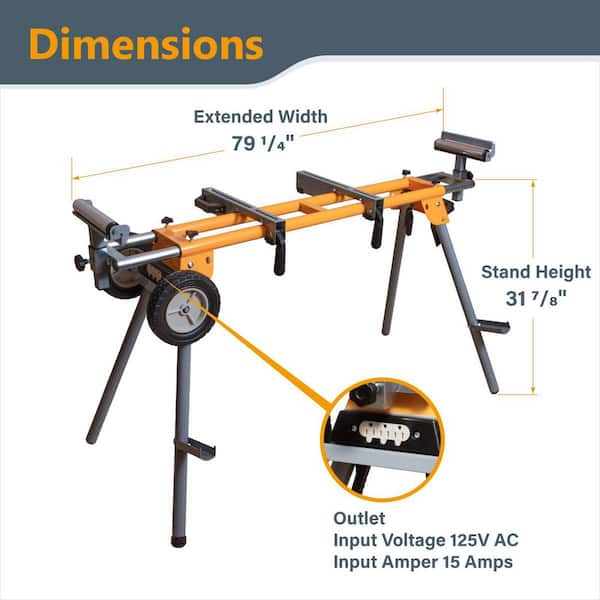 Portable Miter Saw Stand w/ Quick-release Mounting Brackets, 330Lbs Load Capacity, 8" Wheels and 3-Prong Tripple Outlets