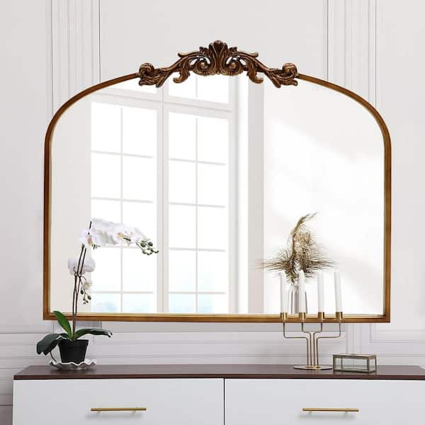 35.8 in. W x 29.1 in. H Ornate Baroque Antique Brass Vintage Stainless Metal Frame Arched Wall Mirror