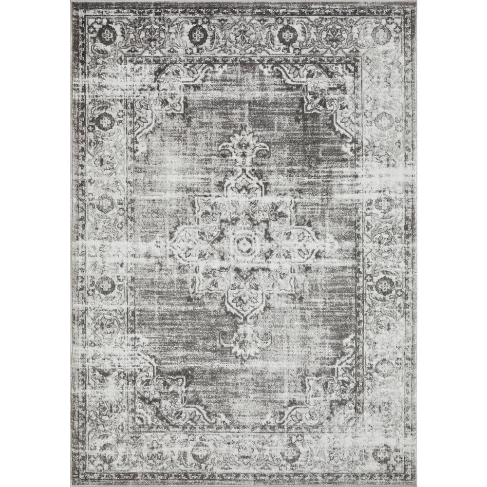 Ivory and Gray 9' x 12' Synthetic Oriental Rug