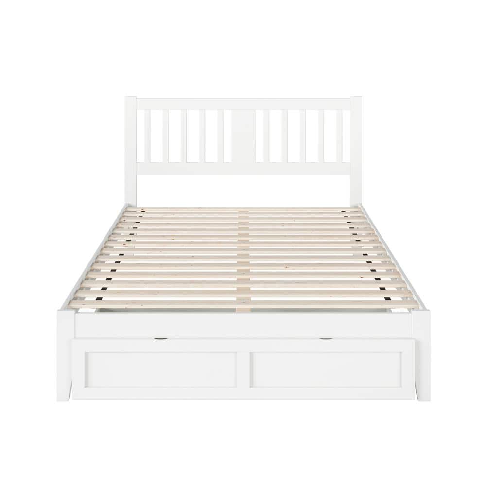 White Queen Wood Platform Bed with Storage Drawer and USB Charger