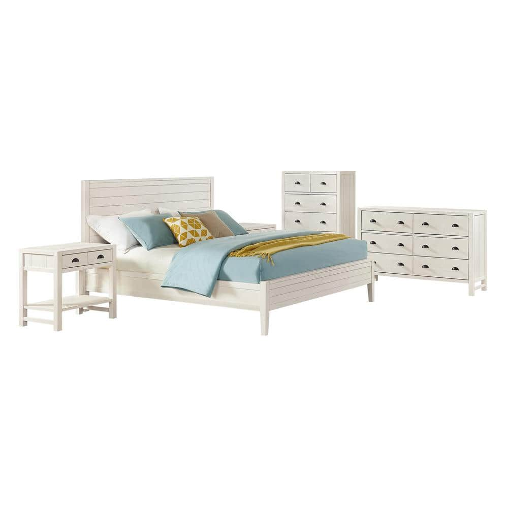 Arden 5-Piece Bedroom Set with King Bed, Two 2-Drawer Nightstands w/open shelf, 5-Drawer Chest, 6-Drawer Dresser, White -  Alaterre Furniture, ANAN022344031