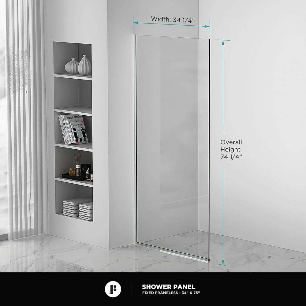 34'' W x 74.25'' H Clear Tempered Glass Shower Panel with Chrome Finish