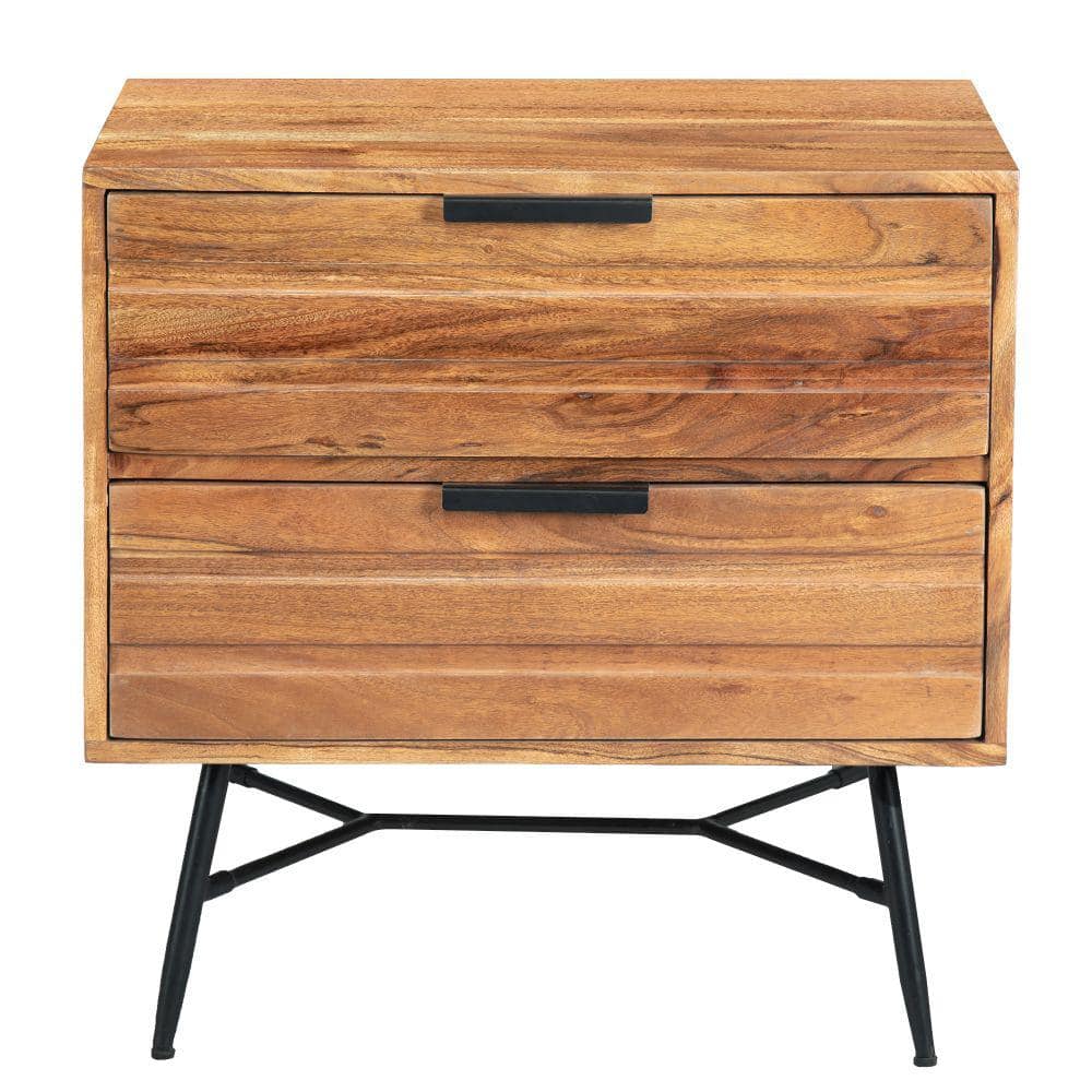 Luxury Acacia Wood 2-Drawer Nightstand with Metal Legs, Black and Brown