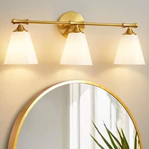 24.33 in. 3-Lights Gold Bathroom Vanity Light Fixture with Opal Frosted Glass Shade