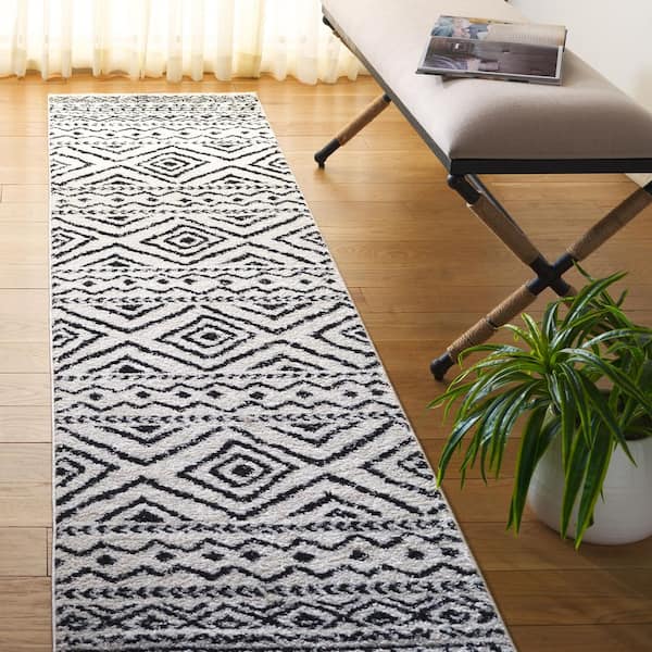 Tulum 2 ft. x 9 ft. Ivory/Black Striped Geometric Diamonds Runner Rug