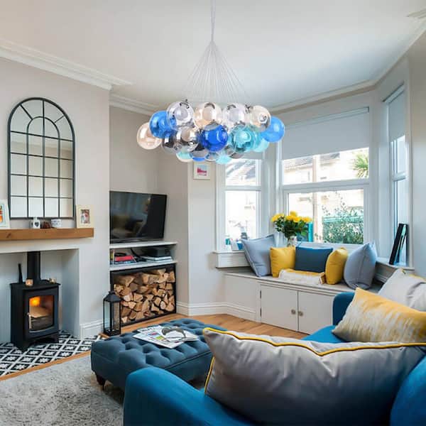 25 Light Chrome Modern Bubble Cluster Globes Chandelier for Bedroom, Colorful Dimpled Blown Glass Hanging Ceiling Light