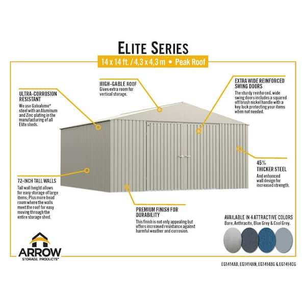 Arrow Elite Storage Shed 14 ft. W x 14 ft. D x 8 ft. H Metal Shed 196 sq. ft.