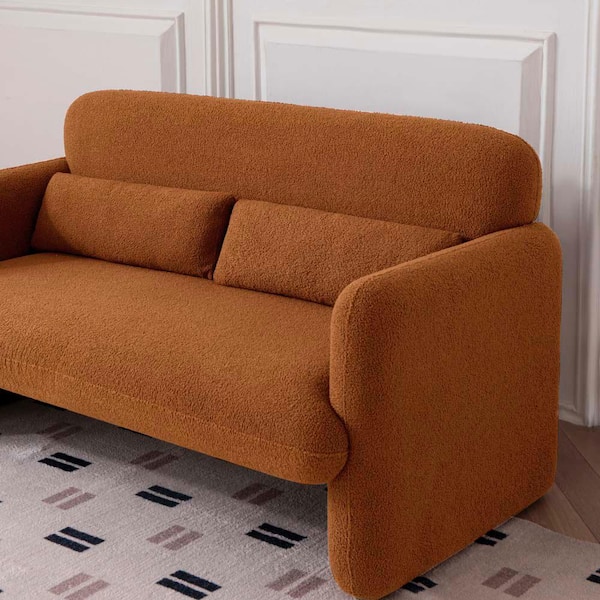 wetiny 59 in. Straight Arm Lamb Fleece Fabric Rectangle Sofa in Orange with Support Pillow