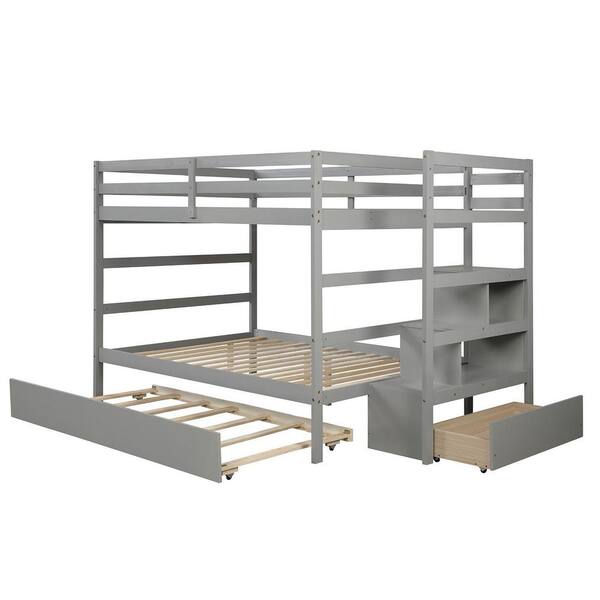 URTR Modern Wooden Gray Twin Over Twin Size Bunk Beds with Trundle