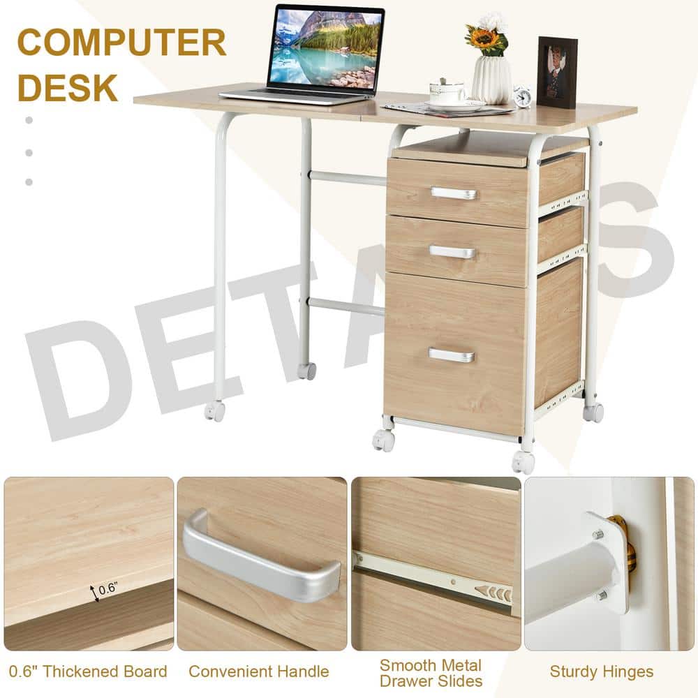Oak Foldable Computer Desk with Drawers and Wheels