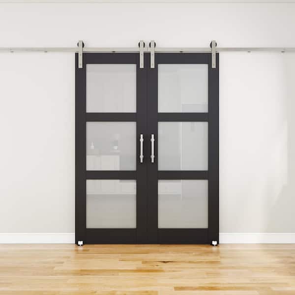 60 in. x 80 in. 3 Lite Tempered Frosted Glass Black Finished MDF Sliding Barn Door with Hardware Kit Nickel