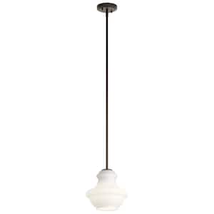 Everly 9.25 in. 1-Light Olde Bronze Transitional Shaded Kitchen Mini Pendant Hanging Light with Satin Etched Opal Glass