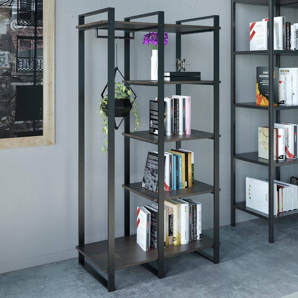 Brock 64" Brown Acacia Wood and Steel Etagere Bookcase