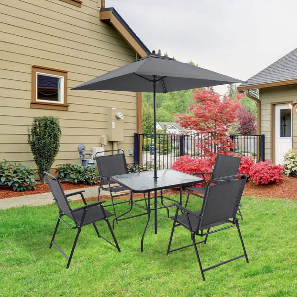 Black Metal Outdoor Patio Dining Set with Umbrella for 4