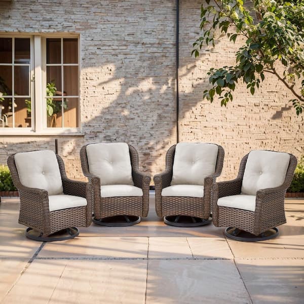 ChrysArm Chrysanthemum 4-Piece Brown Swivel Glider Wicker Outdoor Rocking Chair with Beige Cushions Patio Swivel Chairs